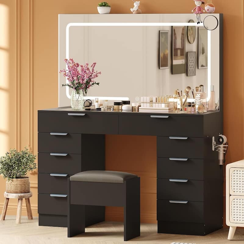 Vanity Desk, Makeup Dressing Table with Large Mirror and Lights - Black