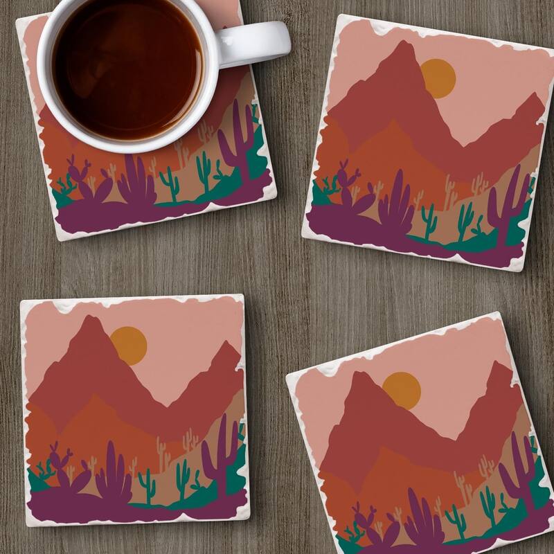 Southwest Palette 4-Pack Absorbent Stone Coasters with Protective Cork Backing 4" Square Made in The USA Easily Wipes Clean