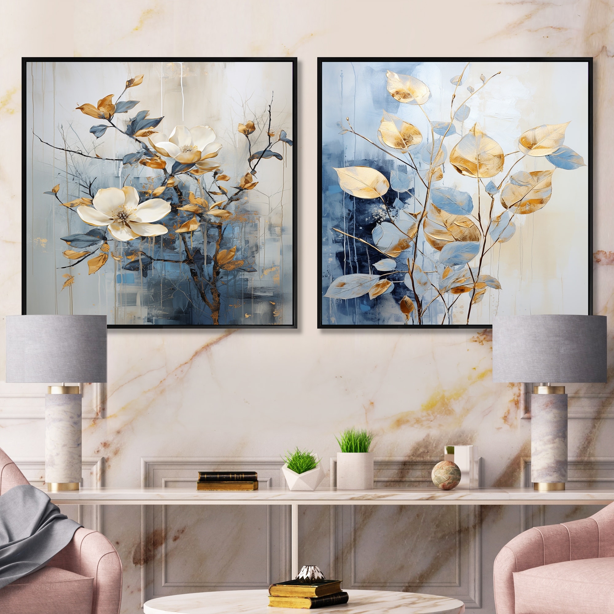 Designart "Beige And Blue Flower Garden Delight" Floral Framed Art Set Of 2 - Traditional Wall Decor Set For Office