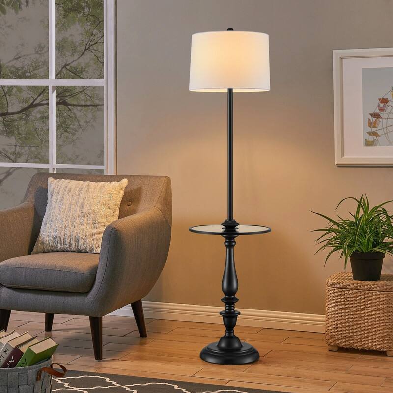 KAWOTI Traditional Tray Floor Lamp with Drum Shade - W15.4" x H61.25" - W15.4" x H61.25"