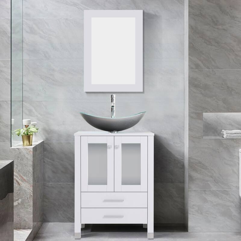 24" Bathroom Vanity with Sink Set Storage Cabinet Combo - White - W-Glass silver boat sink