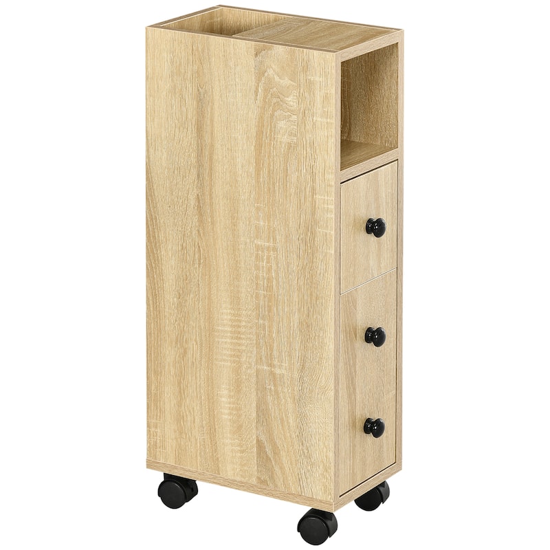 kleankin Freestanding Compact Design Bathroom Cabinet with 2 Open Cabinets, 1 Door Cabinet, 1 Drawer and 4 Rolling Wheels