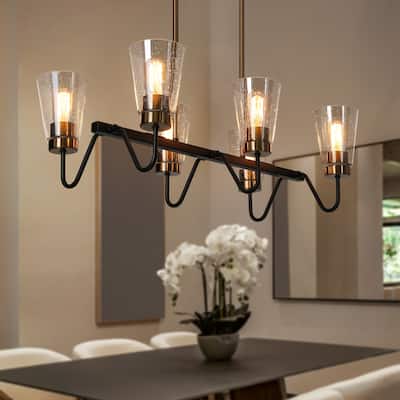 Ivelle Farmhouse 6-Light Black Gold Linear Chandelier Cone Glass Kitchen Island Pendant Lights - 27.5"L