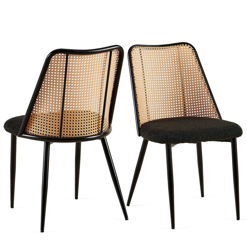Rattan Dining Chairs Set of 2,Boucle Chairs with Natural Cane Back, Upholstered Dining Room Kitchen Chair