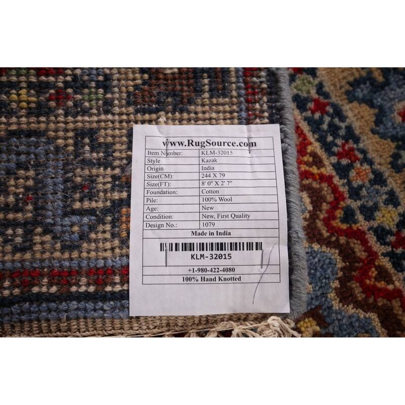 Light Blue Kazak Oriental Runner Rug Handmade Wool Carpet - 2'7"x 8'0"