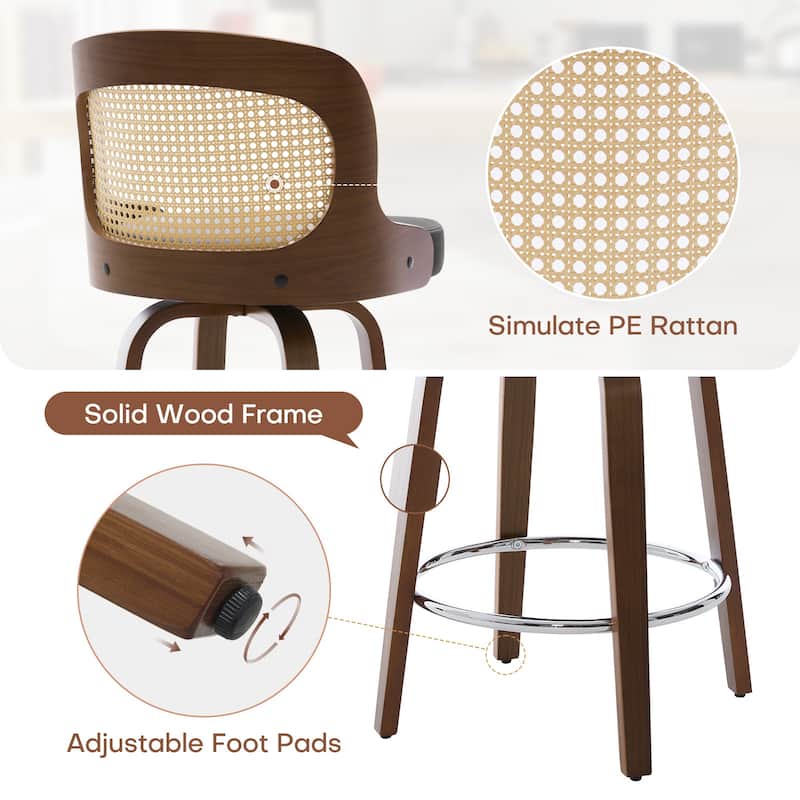 26" Upholstered Swivel Counter & Bar Stool with Rattan Back - 37.4"H x 19.09"W x 19.88"D