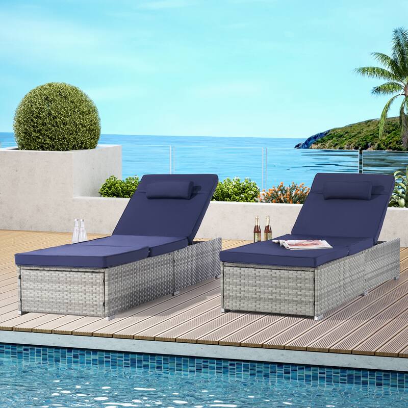 Set of 2 Outdoor Rattan Chaise Lounge with Adjustable Backrest