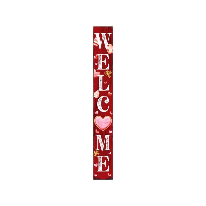 HomeRoots 72" Pink Red And White Solid Wood Welcome Valentine's Day Heart Porch Sign