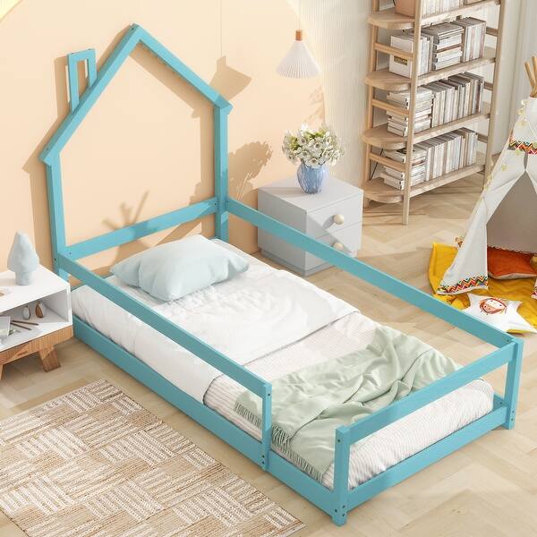 slide 2 of 48, Toddler Floor Bed with Fences, House-shaped Headboard and Chimney, Twin Size No Slats Platform Bed for Kids Boys Girls Light Blue - Twin