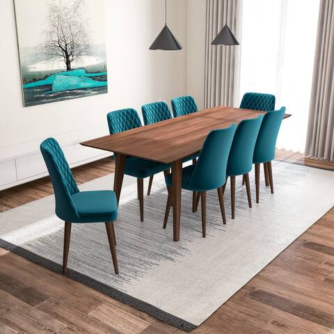 Addison 9-Piece Mid-Century Rectangular Dining Set w/ 8 Velvet Dining Chairs in Turquoise