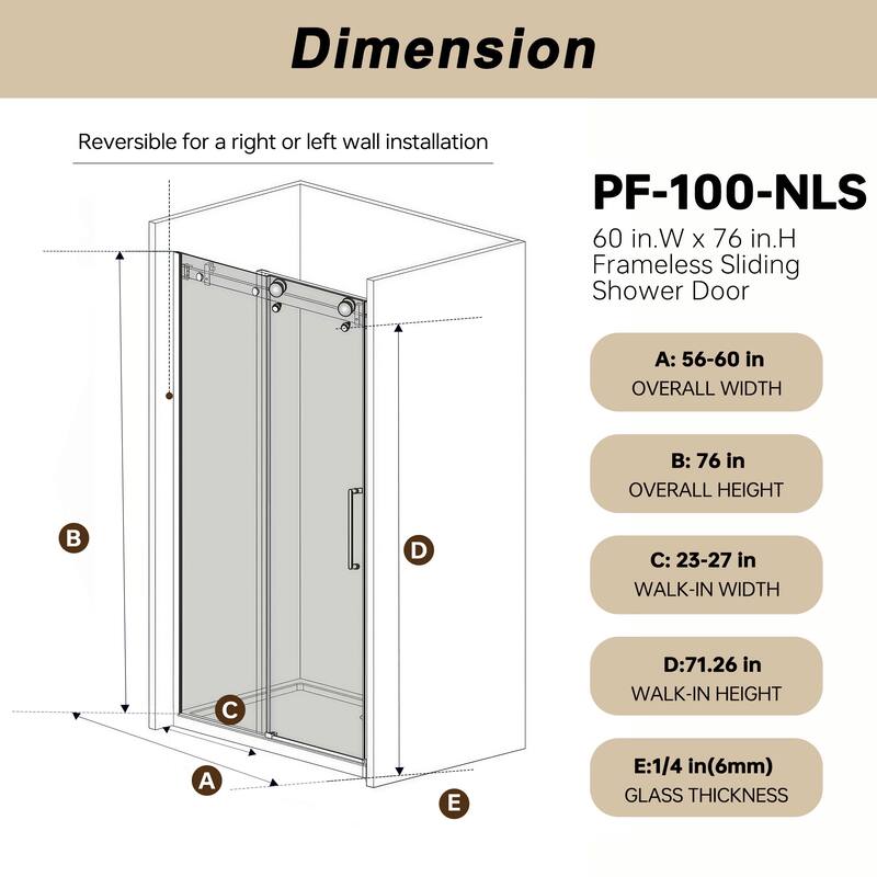 GDFStudio - Rowan Frameless Single-Sliding Shower Door for Tall Modern Bath Layouts - 60 "W x 76" H