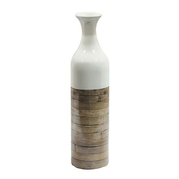 24" Spun Bamboo Bottle Vase - White Lacquer & Natural Bamboo