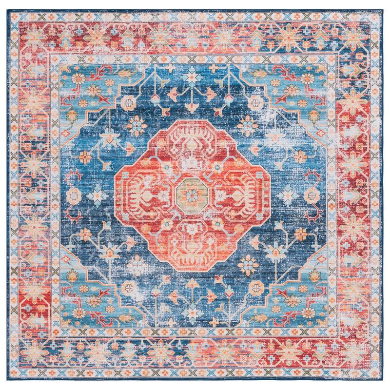 SAFAVIEH Tucson Hlin Transitional Machine Washable Rug - 6' Square - Rust/Blue