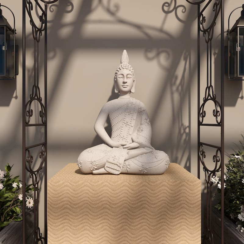Magnesium Oxide Buddha Indoor Outdoor Meditating Garden Sculpture with Floral Carvings - Gray - Roche River Decor