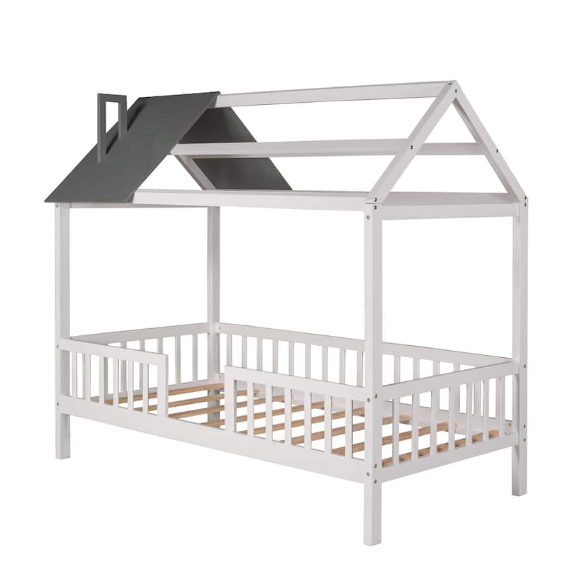 Twin Size White House Bed with Roof, Fence, and Sturdy Wood Frame