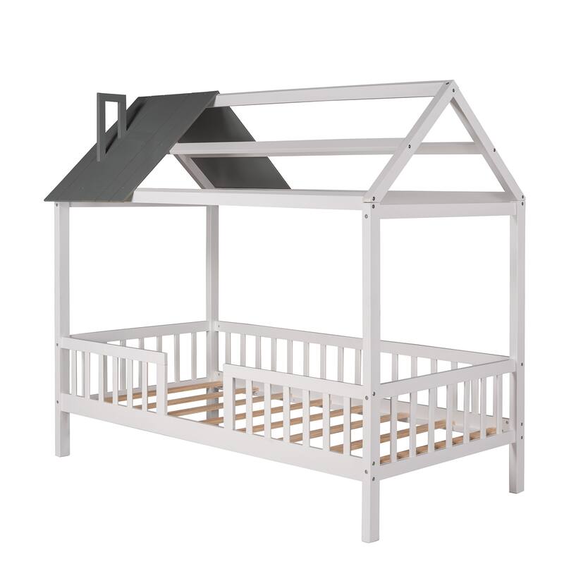 Twin Size Wood House Bed with Roof, Fence, and Chimney, Sturdy Pine Frame, Perfect for Kids' Bedrooms