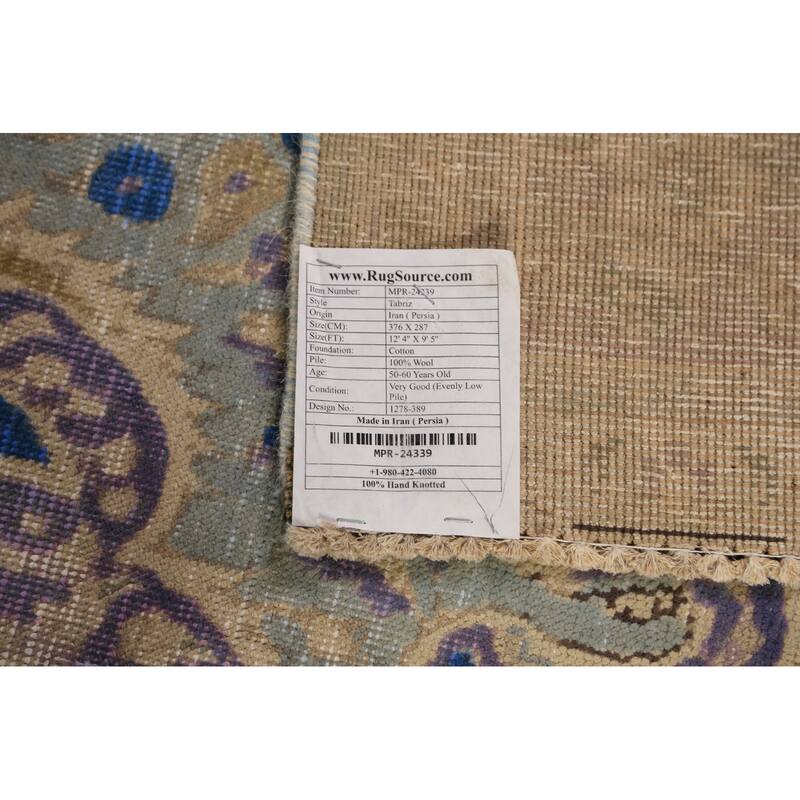 Floral Blue Medallion Tabriz Persian Area Rug Hand-Knotted Wool Carpet - 9'5"x 12'4"