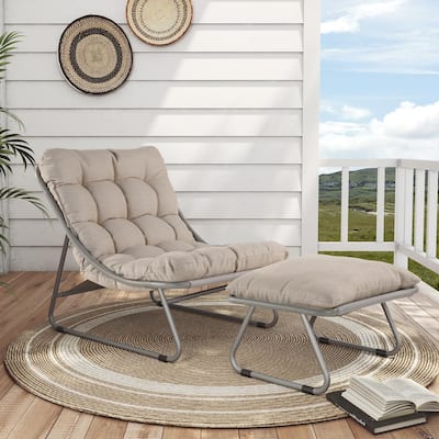 Outdoor Lounge Chair with Foot Stool, Comfy Sling Recliner Chair with Puffy Cushion and Foot Rest