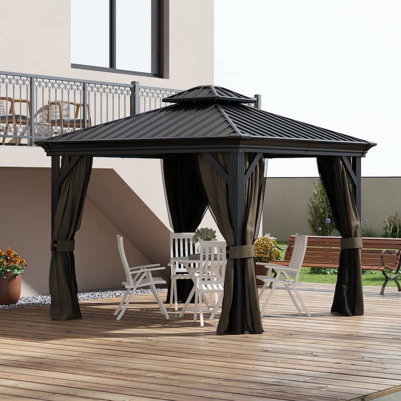 Outsunny 10' x 10' Hardtop Gazebo with Curtains and Netting, Permanent Pavilion Metal Double Roof Gazebo Canopy with Aluminum - Dark Brown