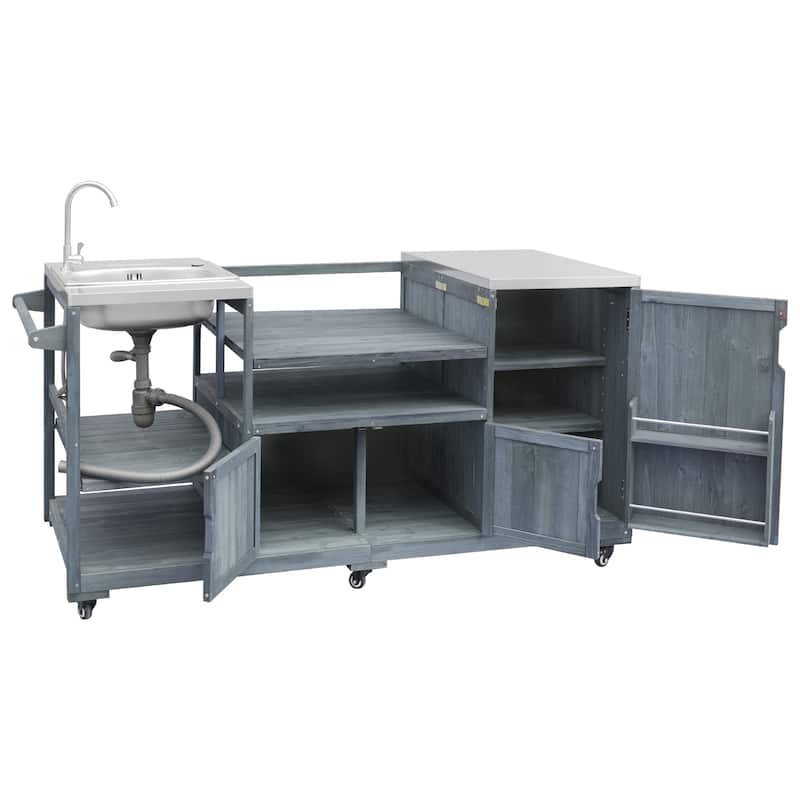 75.4"Outdoor Kitchen Island with Sink, Solid Wood Grill Cart for XL Green Egg Grills, Rolling Bar Cart with Stainless Steel Top