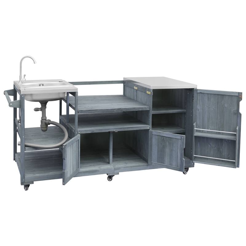 Roomfitters 75.4" Outdoor Kitchen Island with Sink, Fir Wood Grill Cart for XL Green Egg & Tabletop Grills