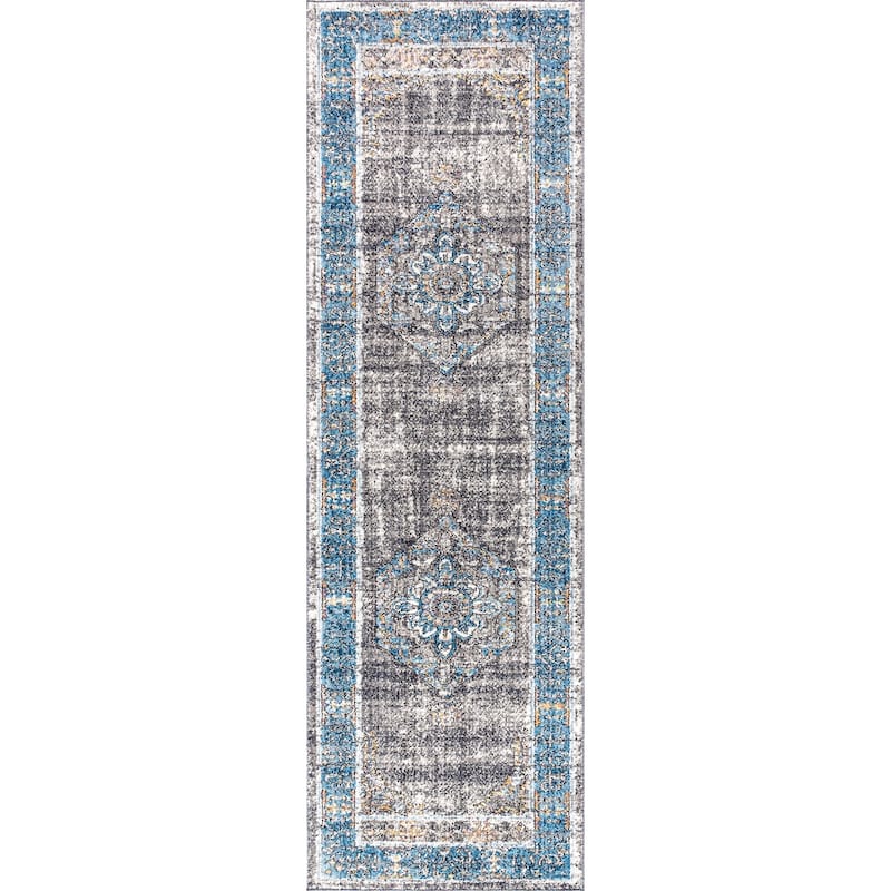 Cassia Vintage Medallion Peacock Blue/Gray Area Rug - 2 X 8