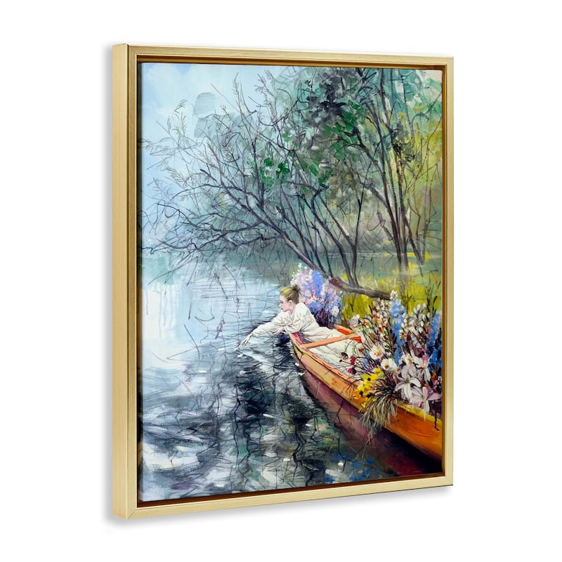 Stupell Woman in Floral Filled Boat Framed Floater Canvas Wall Art Design By Lucille Lee