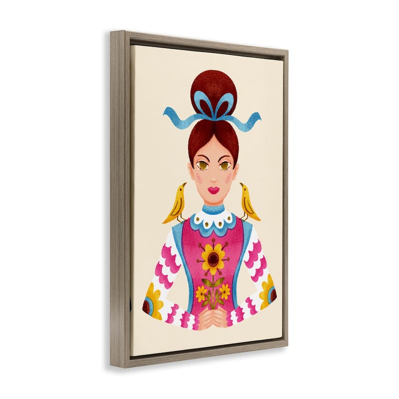 Stupell Brunette Girl with Birds Framed Floater Canvas Wall Art Design By Hannah Moren