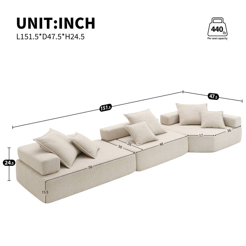 3 PC Oversized Modular Sofa, No Assembly, 5 - 6 Seats, Beige Boucle