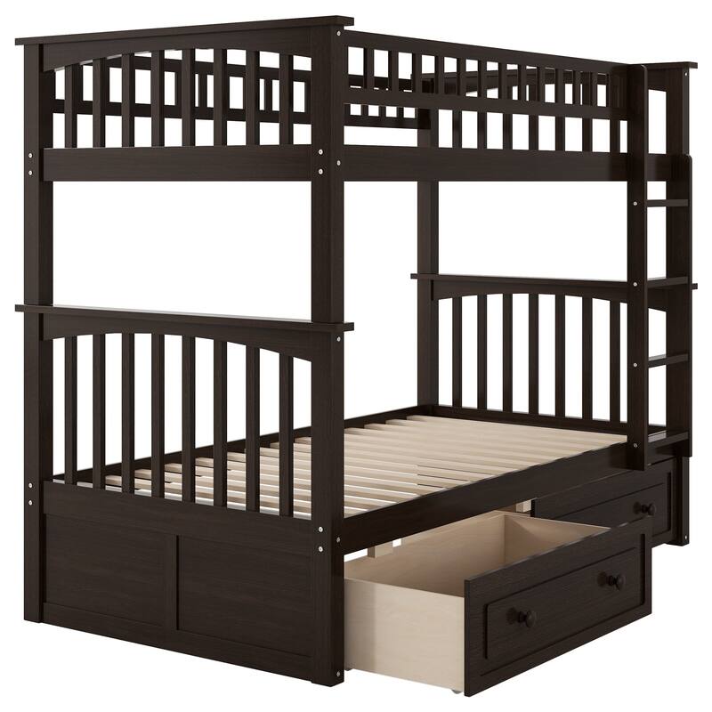 Full or Twin Bunk Bed with Safety Guardrail & 2 Storage Drawers, Convertible Beds Wood Slat Support Bunk Bed