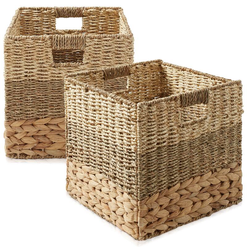 Mixed Weave Hyacinth Seagrass Storage Basket Set Natural Wicker - 12" x 12", 2-Pack