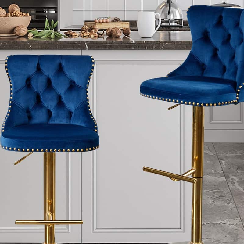 Velvet Upholstered Nailheads Tufted Swivel Bar Stools (Set of 4)