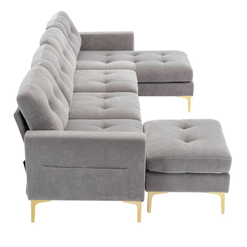 L Shaped Convertible Sectional Sofa with Ottoman, Velvet Fabric 5 Seater Sofa, Upholstered Sofa with Chaise & Storage Pockets
