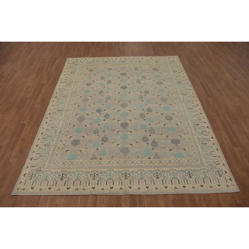 Hand Knotted Oriental 100% Wool Carpet Transitional All-Over Greys & Charcoal Oushak Area Rug - 9' 10'' X 7' 9''