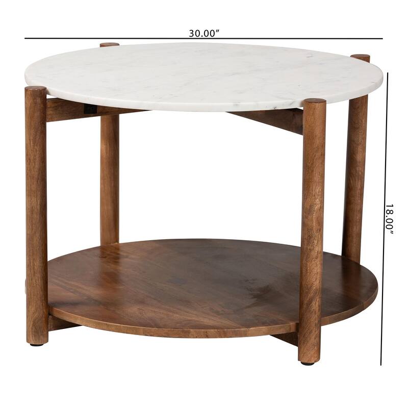Quindalyn Round Marble Coffee Table - Modern Accent Table with Mango Wood Frame and Open Shelf Storage