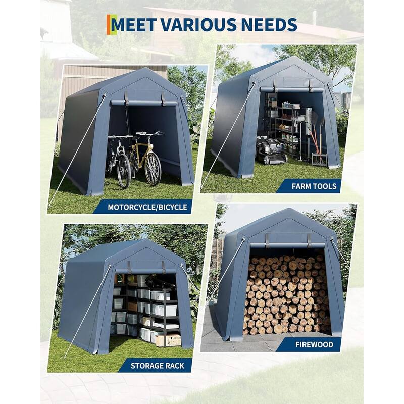 Outdoor Storage Shed, Portable Carport with Roll-Up Ventilated Zipper Door and Windows, Heavy Duty Waterproof Tarp