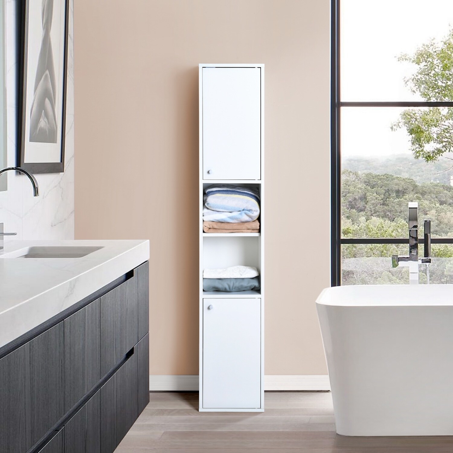 6 tier White Bathroom Storage Cabinet Narrow Bookshelf Floor Standing 