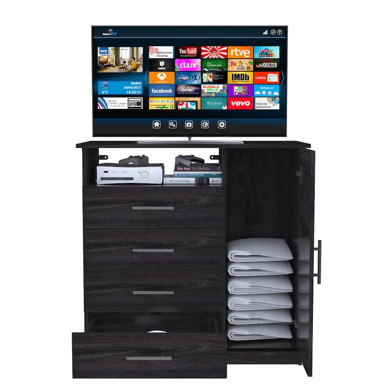 TUHOME Peru 4 Drawer Dresser with Vertical Cupboard & Open Shelf