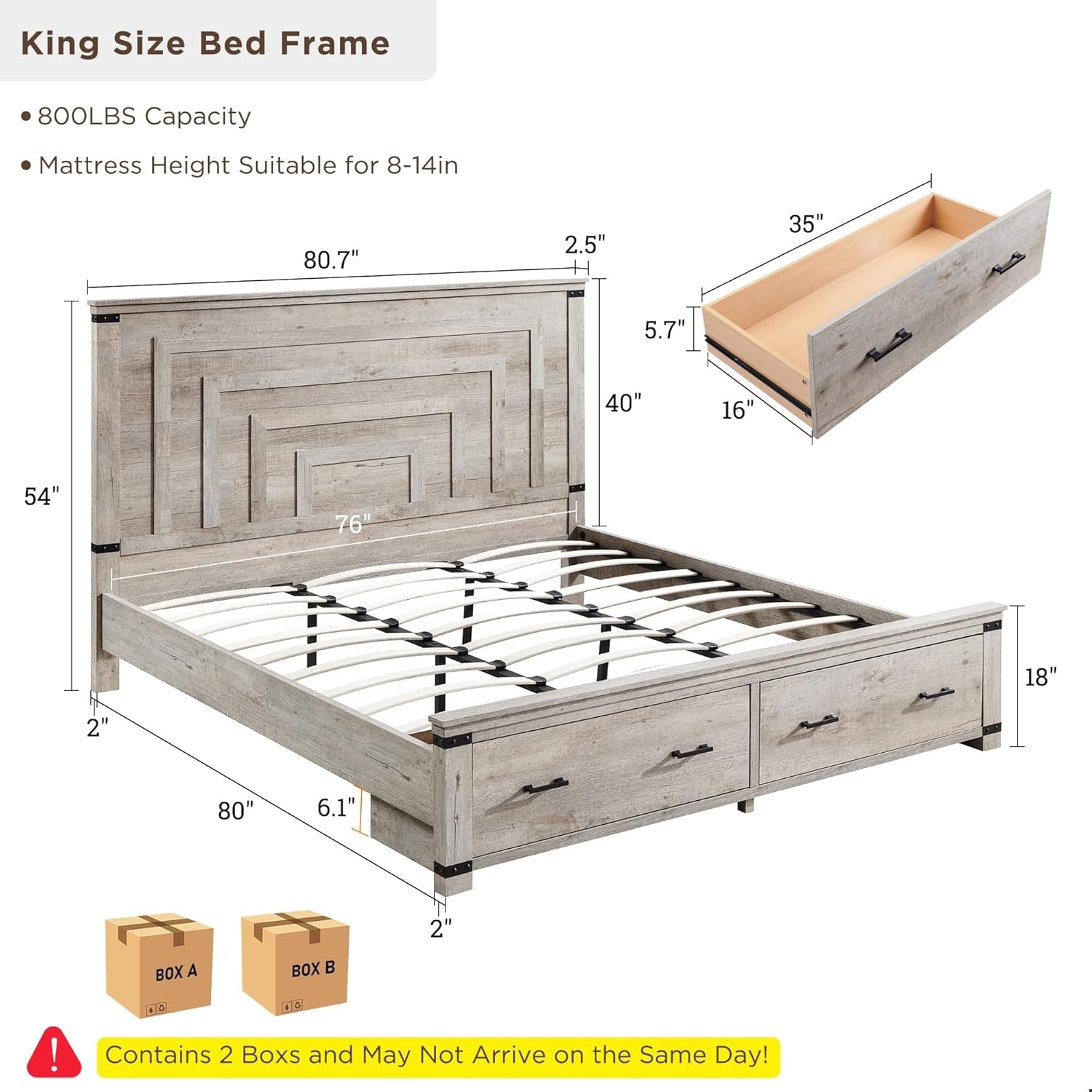 Farmhouse Wood Bed Frame with 54" Tall Headboard, 2 Large Drawers
