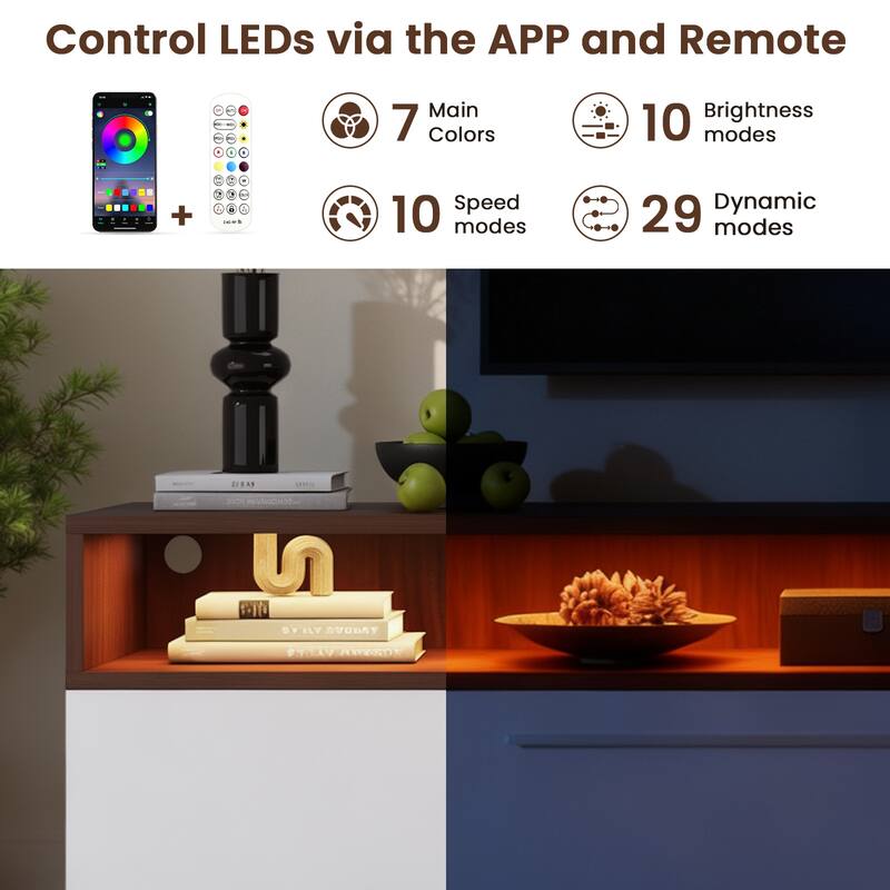 Meyreso 70.8" Modern High Gloss White & Walnut TV Stand with LED Lighting and Open Storage - 70 inches