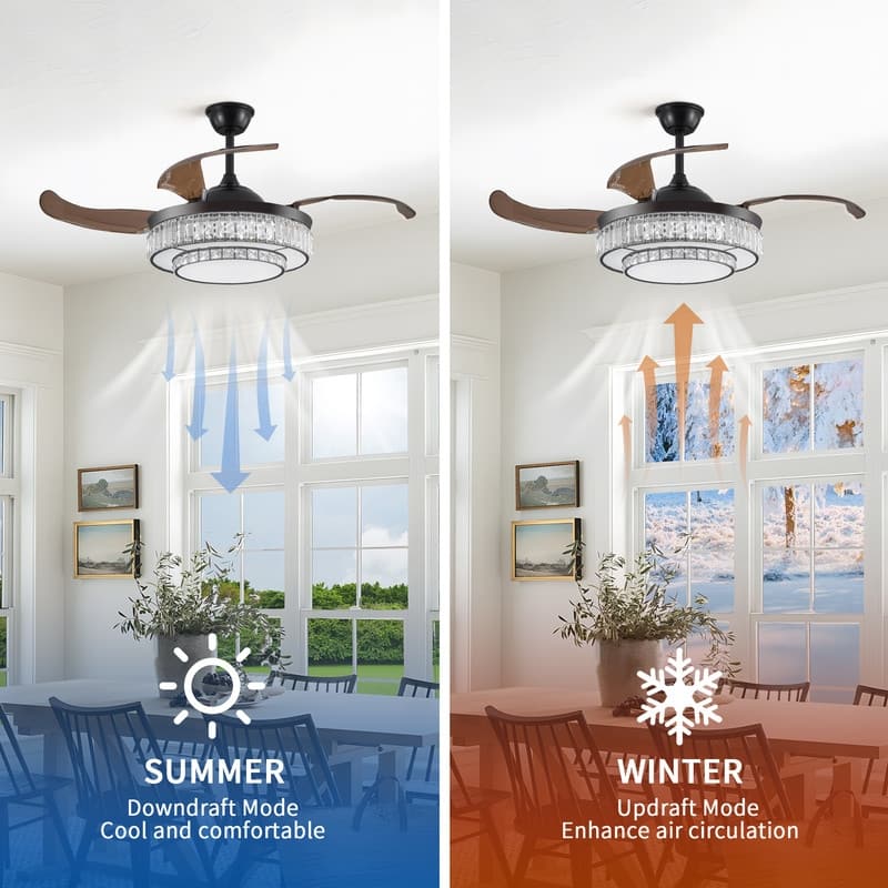 48" Modern Crystal Ceiling Fan With Retractable LED Light – 6-Speed Quiet DC Motor & Remote Control, Reversible 4-Blade Design.