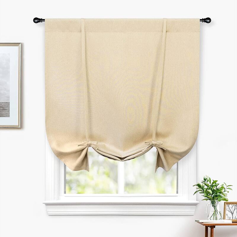 DriftAway Faux Linen Textured Solid Color Blackout Tie Up Curtain for Kitchen Adjustable Balloon Rod Pocket Window Curtains - 39" Width X 55" Length - Beige