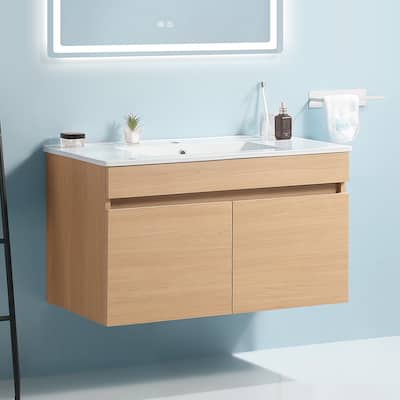 24" Wall Mounted Wood Bathroom Vanity with White Ceramic Basin, Two Soft Close Cabinet Doors