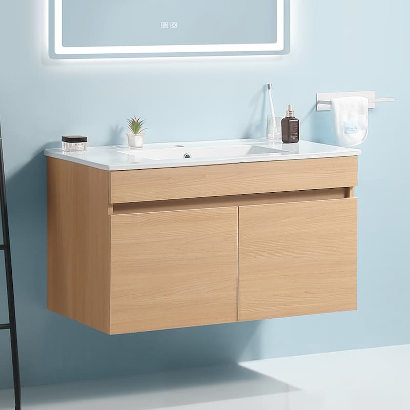 36"Wall Mounted Bathroom Vanity with White Ceramic Basin,Two Soft Close Cabinet Doors,Solid Wood,Excluding faucets - Light Oak