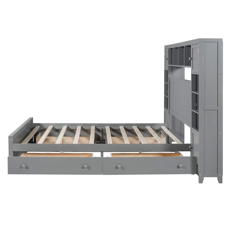 Grey Wooden Queen Size Bed With Integrated Storage Cabinet, Shelf, and Drawers, USB Ports