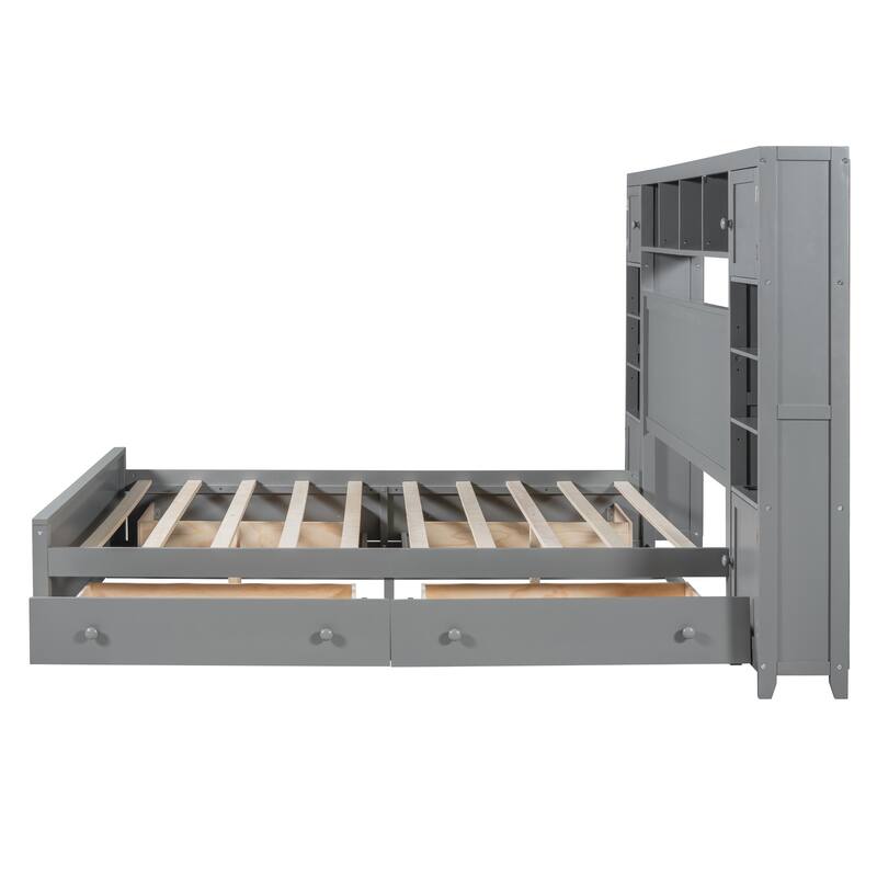Wood Platform Bed with All-in-One Cabinet and Shelf, Slat Support Bed Frame, Storage Headboard with 10 Shelf Cubes & 4 Cabinets