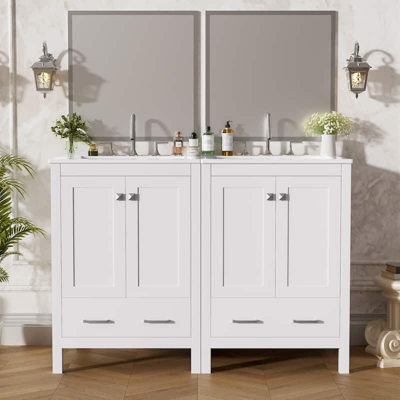 Roomfitters Modern 48" Bathroom Vanity with Undermount Sink, Storage Cabinet, Soft-Close Doors and Divided Drawer - White