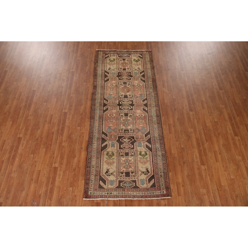 Animals Tribal Ardebil Persian Vintage Runner Rug Handmade Wool Carpet - 4'0"x 10'2"