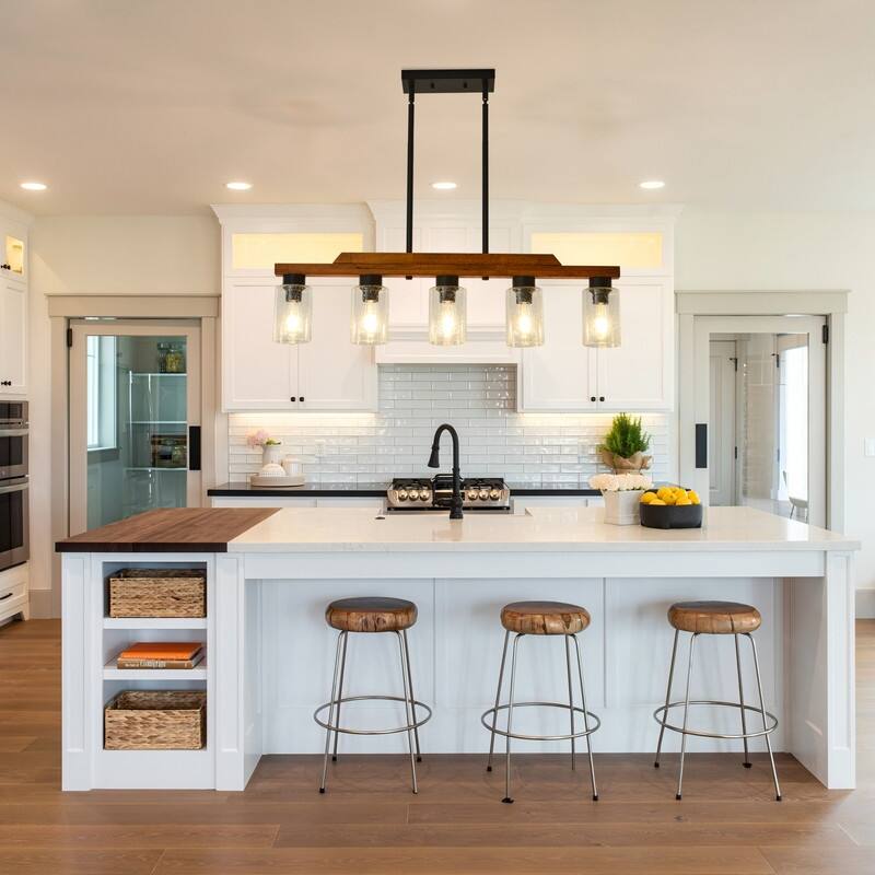Farmhouse Chandelier for Dining Room Kitchen Island Rustic Wood Linear Pendant Light with Seed Glass Shade