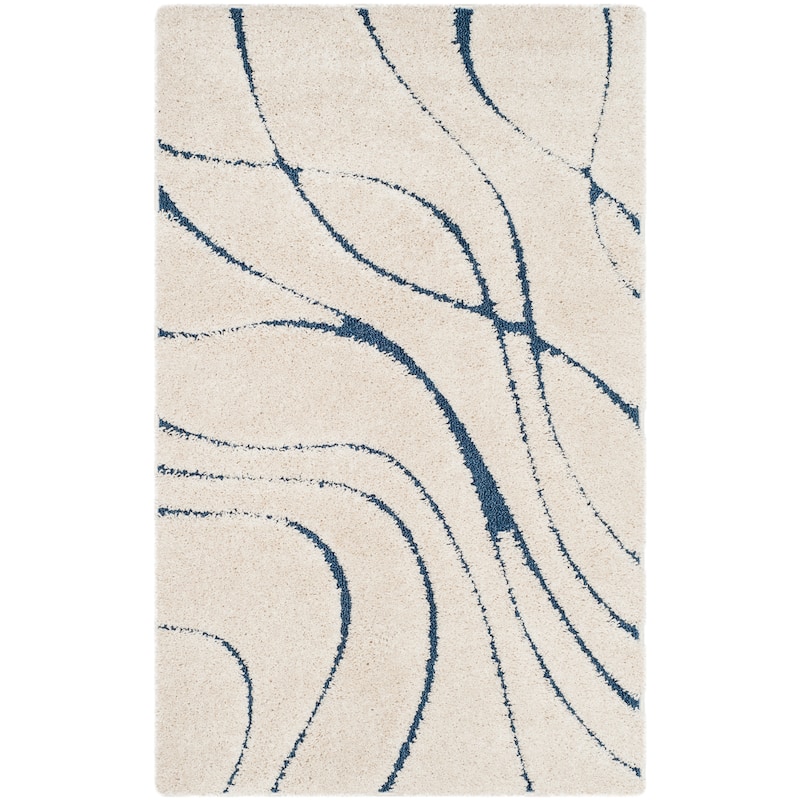 SAFAVIEH Florida Shag Sigtraud Abstract Waves 1.2-inch Thick Rug - 2'3" x 5' - Cream/Blue - Rectangle